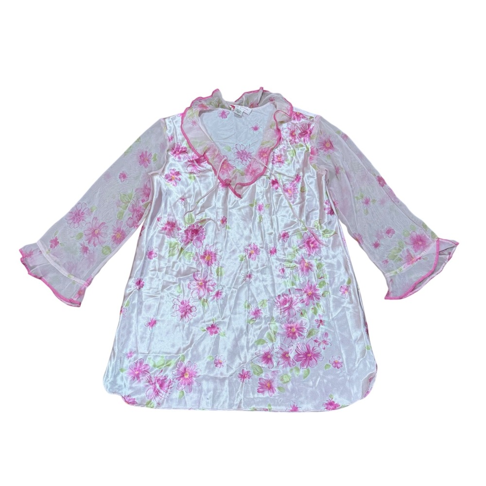Oscar de la Renta Pink Floral Satin Nightgown Sheer Sleeve M Medium Feminine